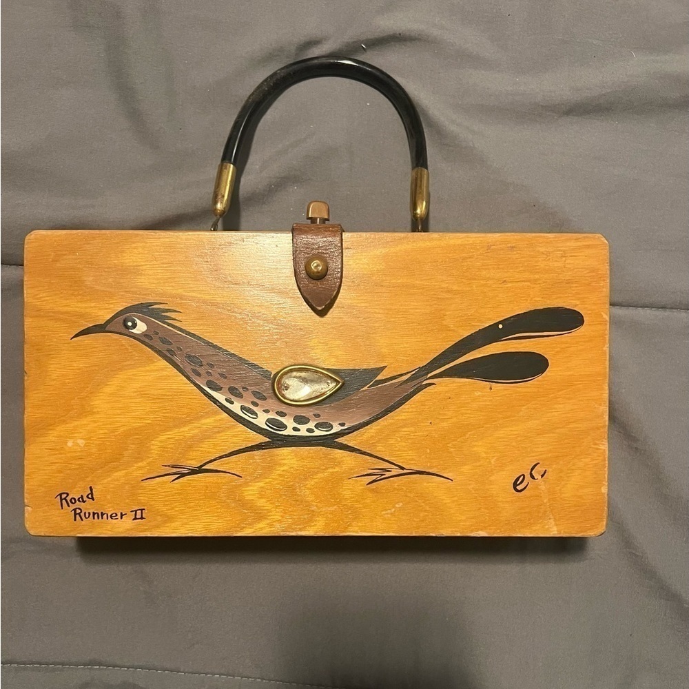 Hand-Painted Roadrunner Wooden Top-Handle Bag in Brown Enid Collins